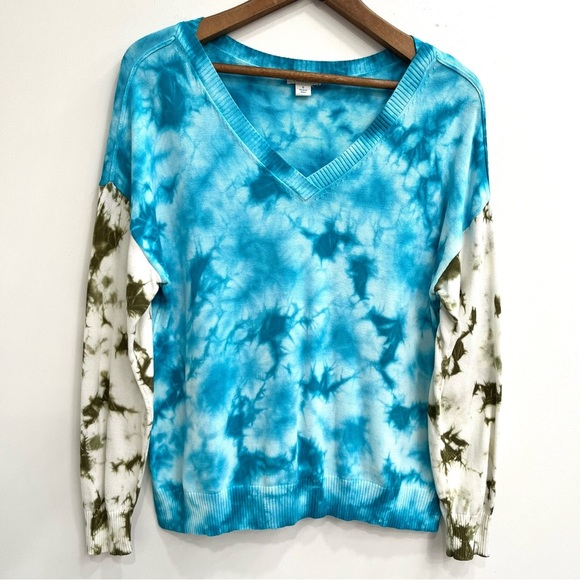 Sundance Sweaters - Sundance Tie Dye Summer Skies Pullover V-Neck Sweater Blue Green Cotton Small
